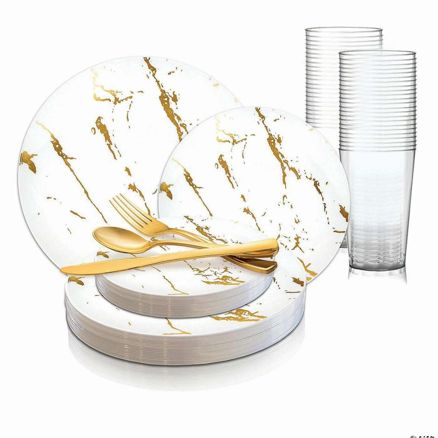 Bowls * | Cheap White With Gold Marble Stroke Round Disposable Plastic Dinnerware Value Set (20 Settings)