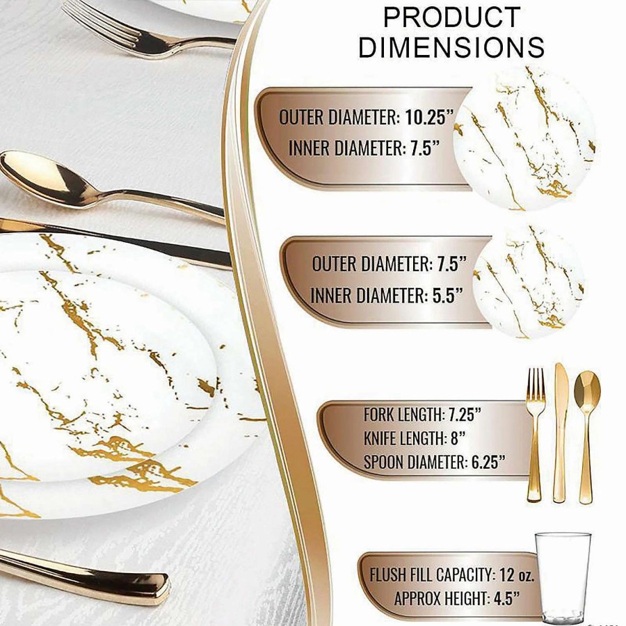 Bowls * | Cheap White With Gold Marble Stroke Round Disposable Plastic Dinnerware Value Set (20 Settings)