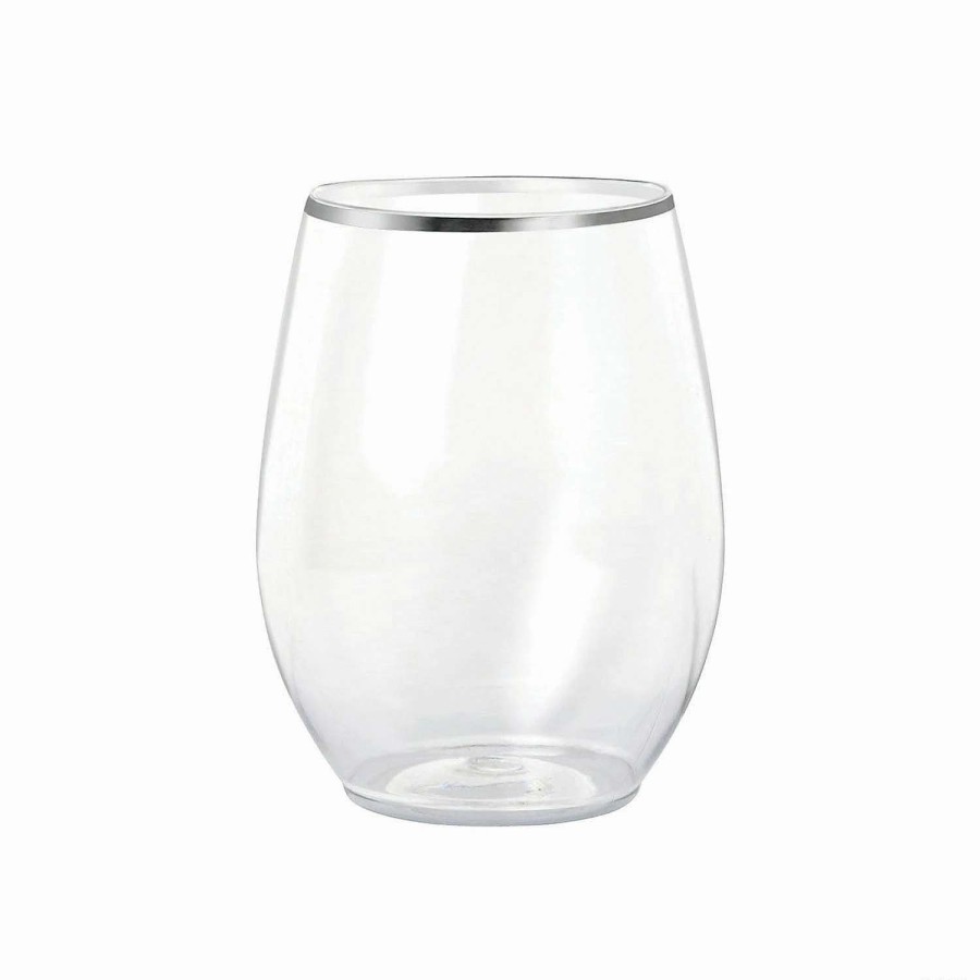 Drinkware * | Outlet 16 Oz. Clear With Silver Elegant Stemless Plastic Wine Glasses (32 Glasses)