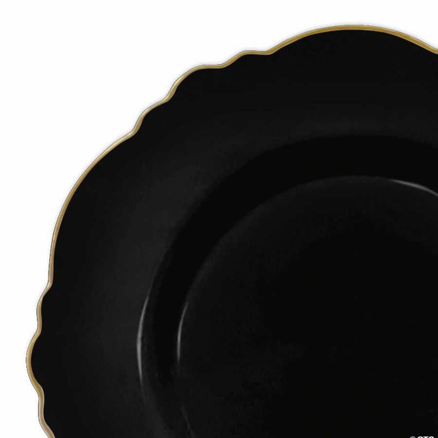 Party Plates * | Top 10 10.25 Black With Gold Rim Round Blossom Disposable Plastic Dinner Plates (120 Plates)