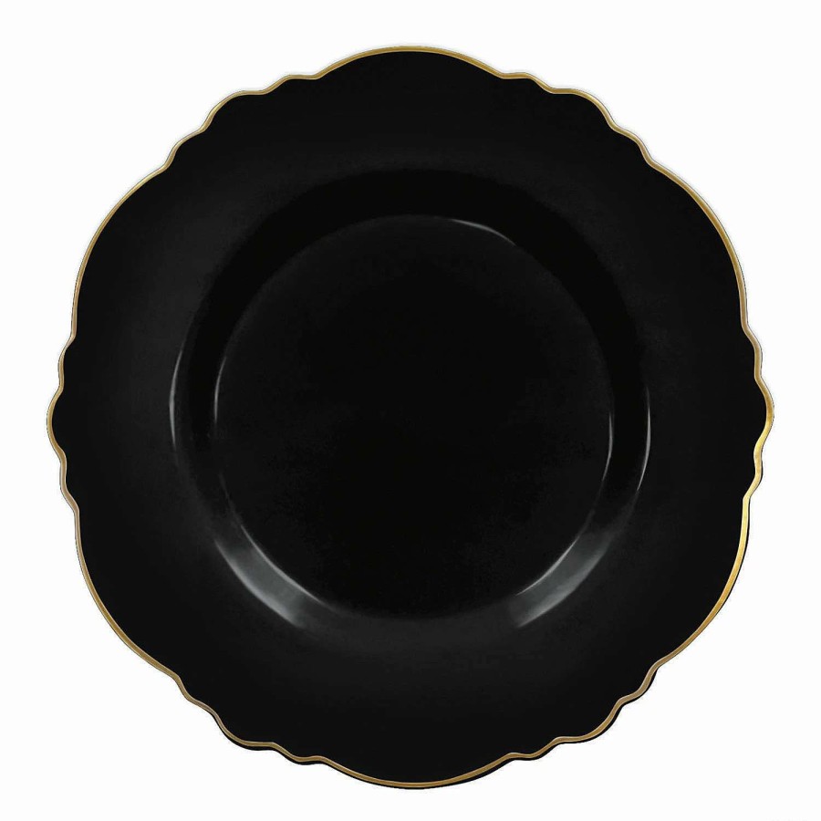 Party Plates * | Top 10 10.25 Black With Gold Rim Round Blossom Disposable Plastic Dinner Plates (120 Plates)