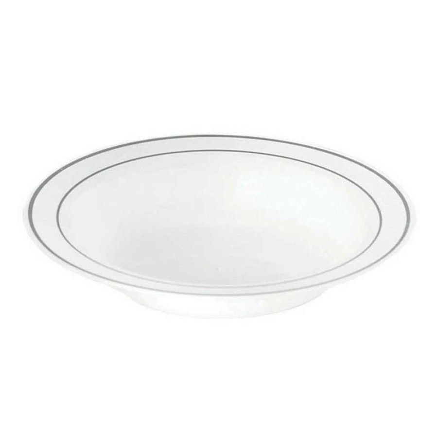 Bowls * | Hot Sale 5 White With Silver Edge Rim Round Disposable Plastic Dessert Bowls (120 Bowls)