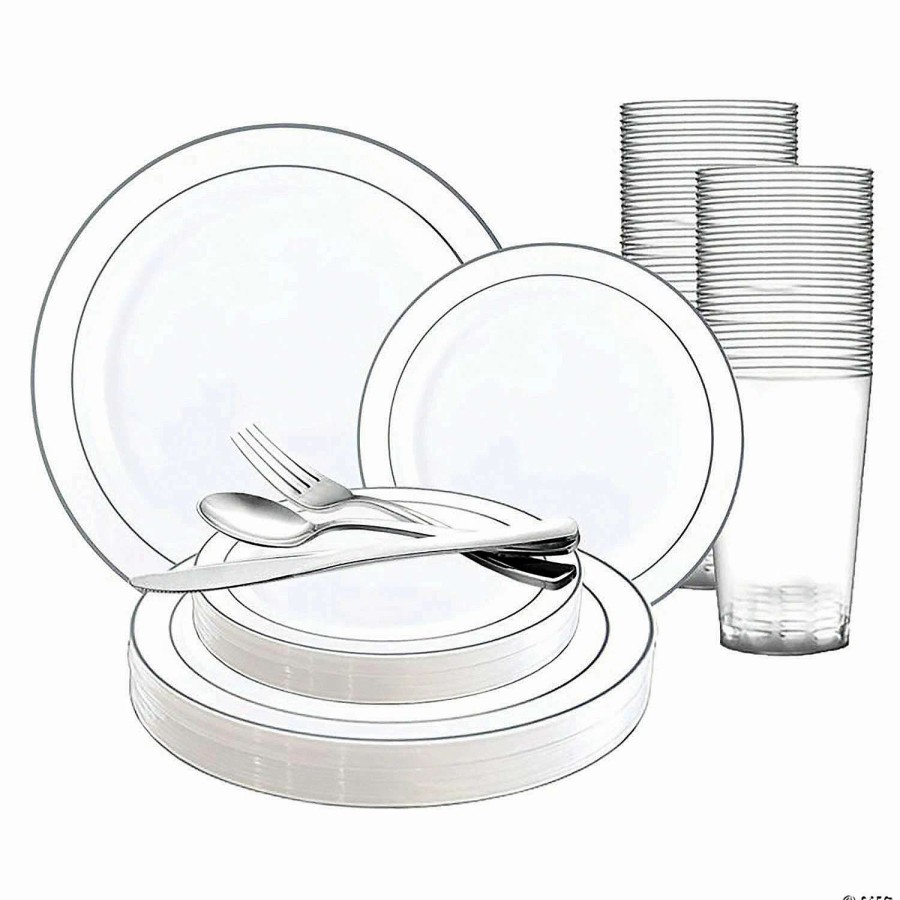 Bowls * | Hot Sale White With Silver Edge Rim Plastic Plastic Dinnerware Value Set (20 Settings)