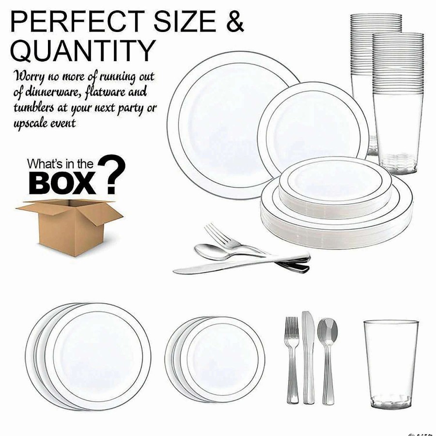 Bowls * | Hot Sale White With Silver Edge Rim Plastic Plastic Dinnerware Value Set (20 Settings)