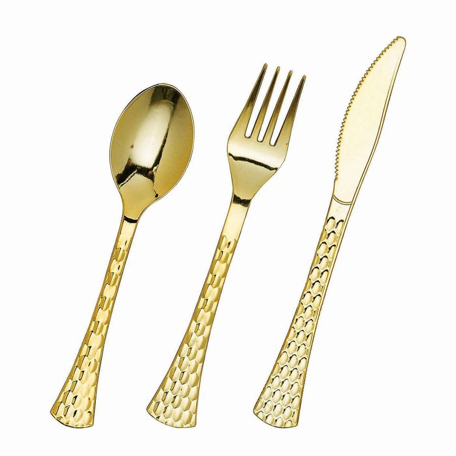 Cutlery * | Coupon Shiny Metallic Gold Glamour Plastic Cutlery Set Spoons, Forks And Knives (600 Guests)