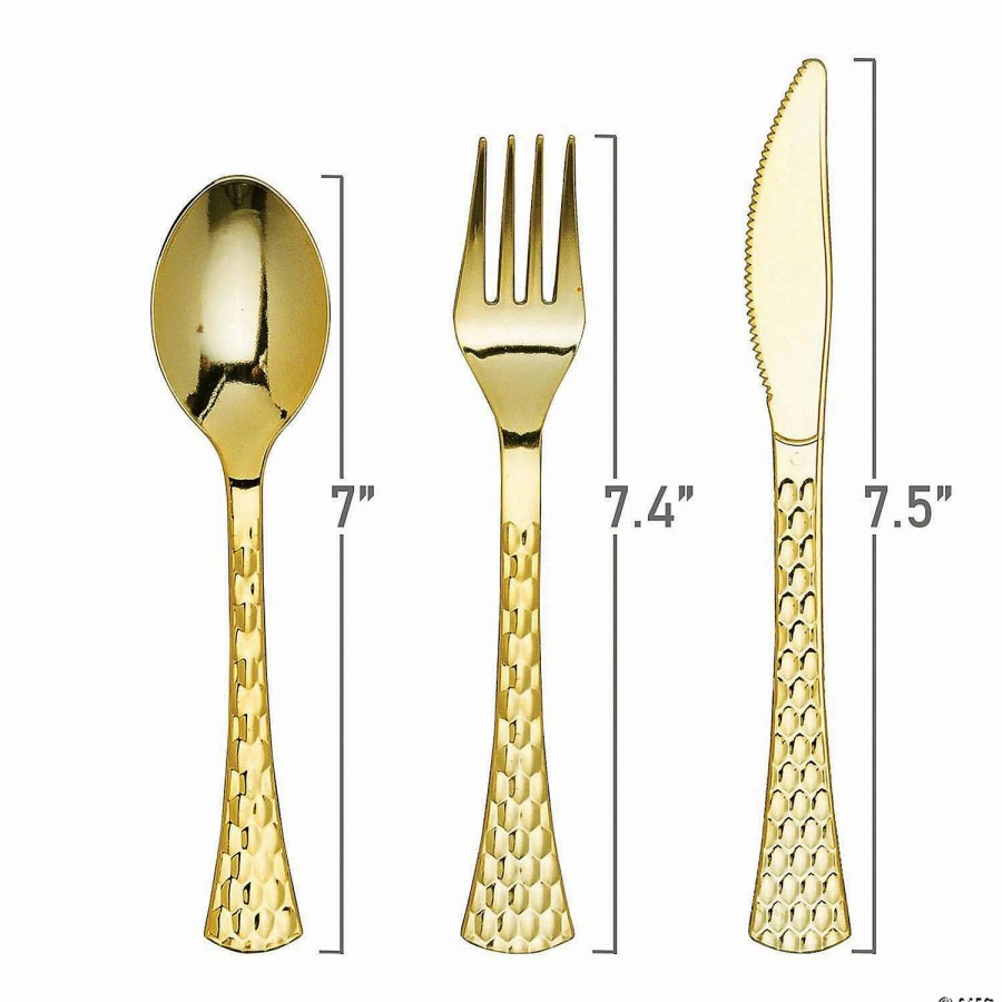 Cutlery * | Coupon Shiny Metallic Gold Glamour Plastic Cutlery Set Spoons, Forks And Knives (600 Guests)