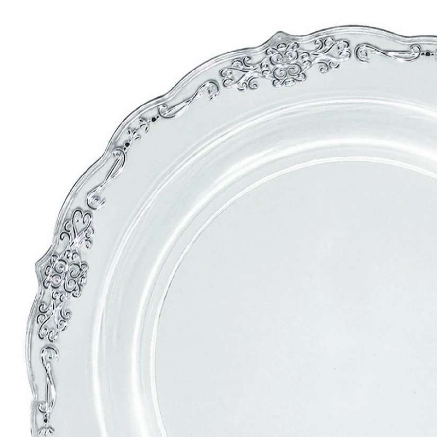 Party Plates * | New 10 Clear With Silver Vintage Rim Round Disposable Plastic Dinner Plates (50 Plates)