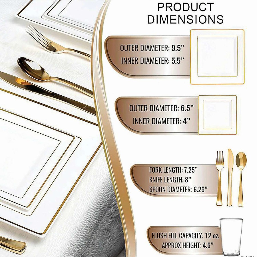 Bowls * | Coupon White With Gold Square Edge Rim Plastic Dinnerware Value Set (20 Settings)