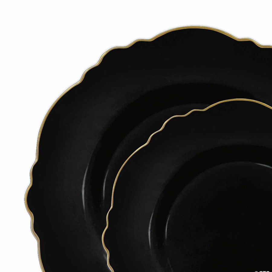 Party Plates * | Best Sale Black With Gold Rim Round Blossom Disposable Plastic Dinnerware Value Set (40 Dinner Plates + 40 Salad Plates)