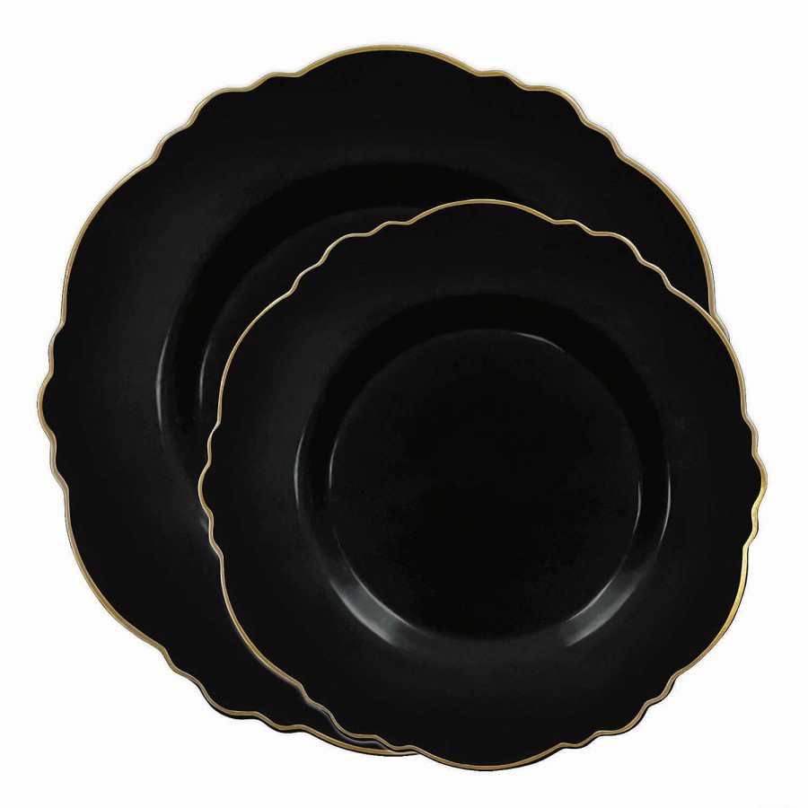 Party Plates * | Best Sale Black With Gold Rim Round Blossom Disposable Plastic Dinnerware Value Set (40 Dinner Plates + 40 Salad Plates)