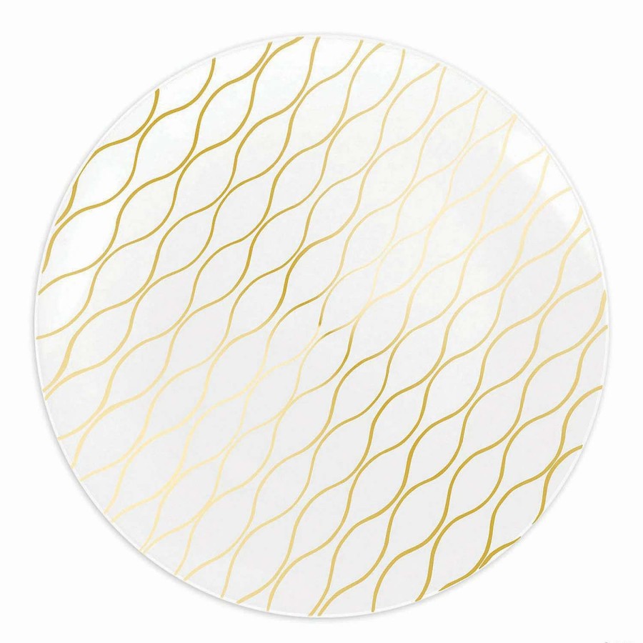 Party Plates * | Hot Sale Kaya Collection 10.25 White With Gold Waves Design Round Disposable Plastic Dinner Plates (120 Plates)