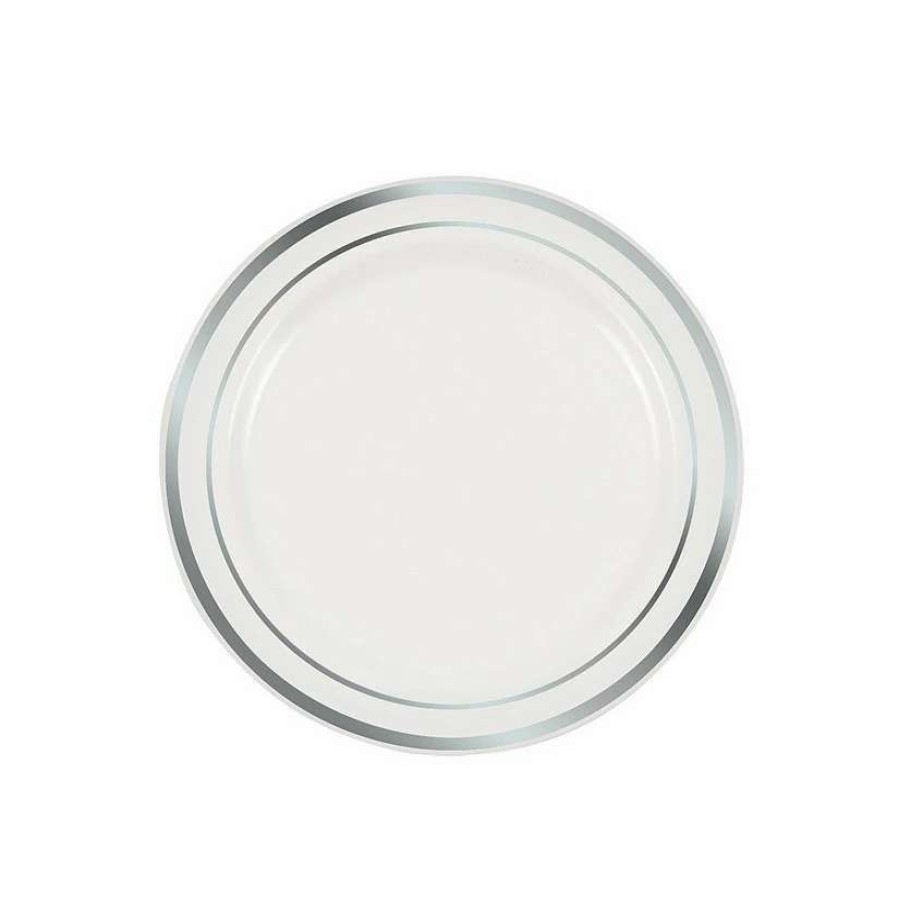 Party Plates * | Discount Premium White Plastic Dessert Plates With Metallic Trim 25 Ct.