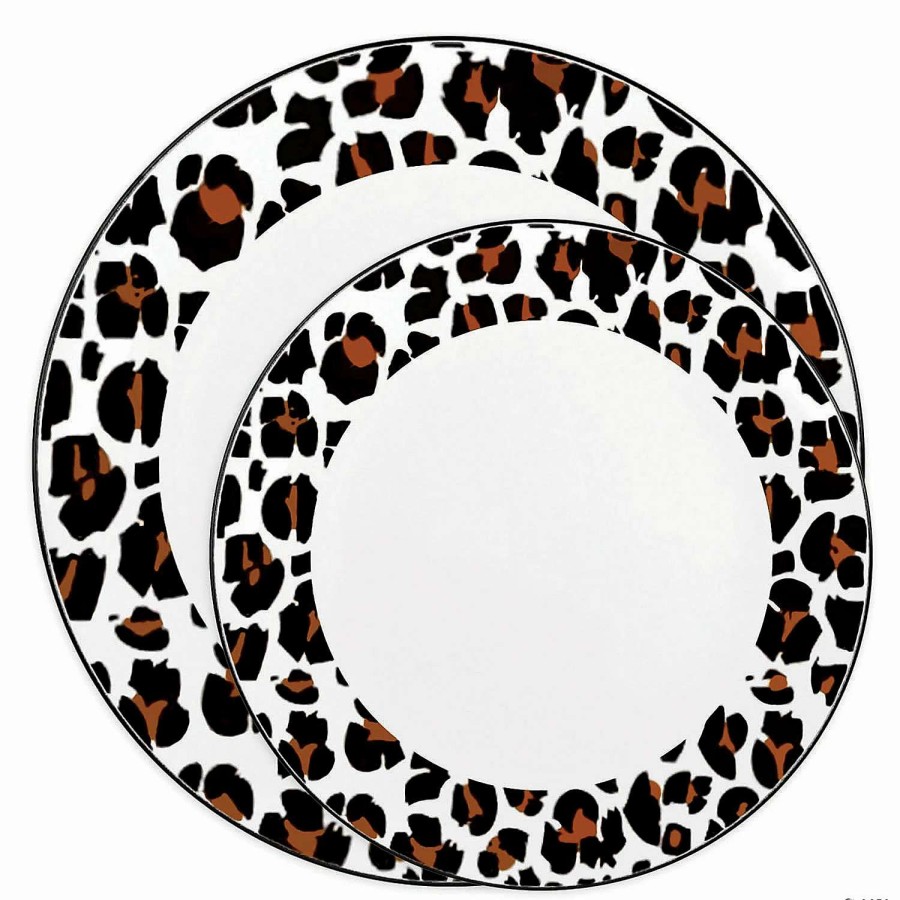 Party Plates * | Promo White With Black And Brown Leopard Print Rim Round Disposable Plastic Dinnerware Value Set (120 Dinner Plates + 120 Salad Plates)