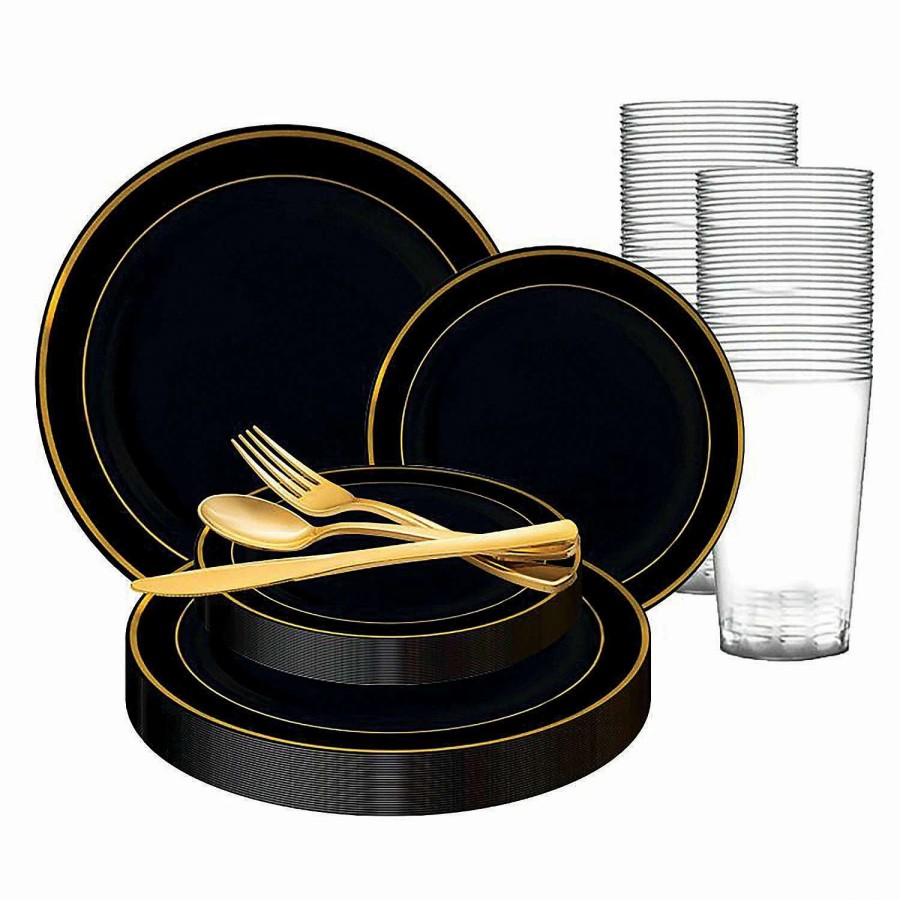 Bowls * | Buy Black With Gold Edge Rim Plastic Dinnerware Value Set (20 Settings)