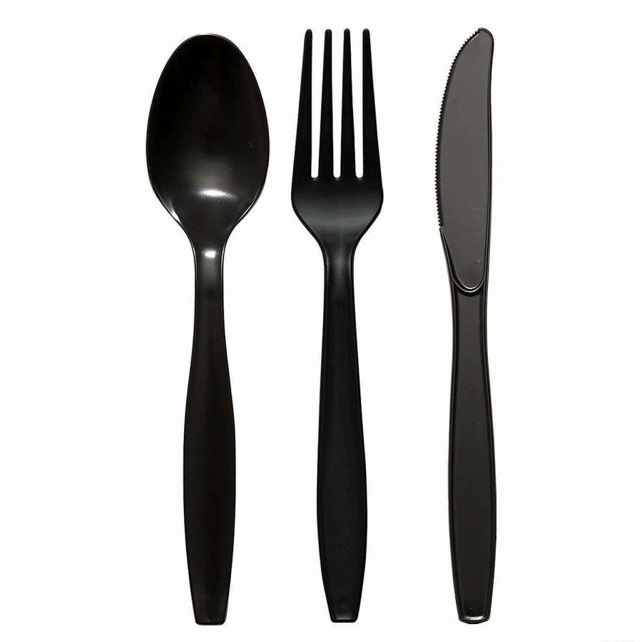 Cutlery * | Brand New Black Disposable Plastic Cutlery Set Spoons, Forks And Knives (200 Guests)