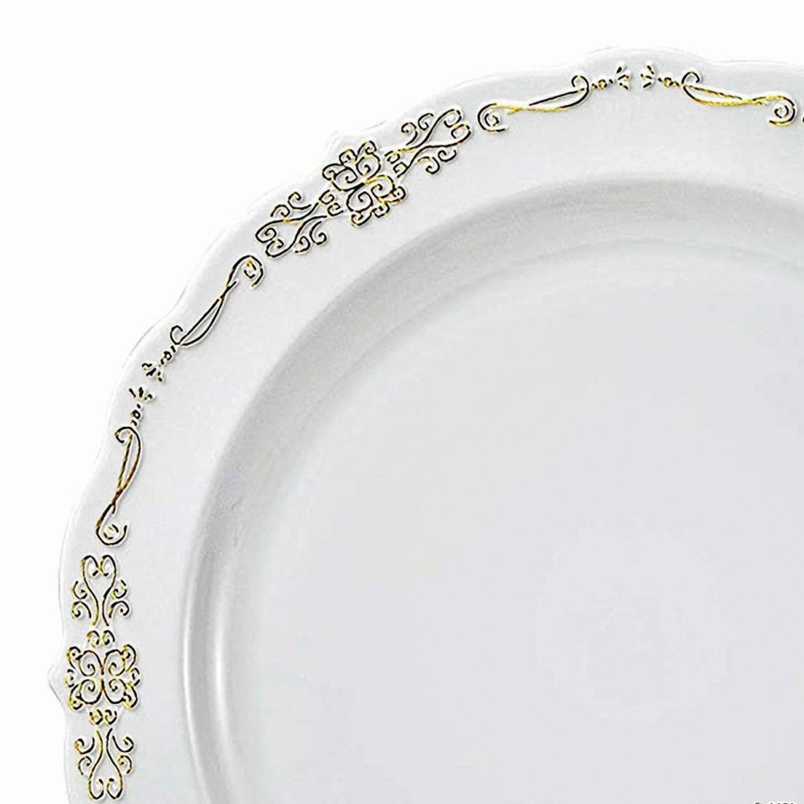 Party Plates * | Promo Premium 10 White With Gold Vintage Round Disposable Plastic Dinner Plates (120 Plates)