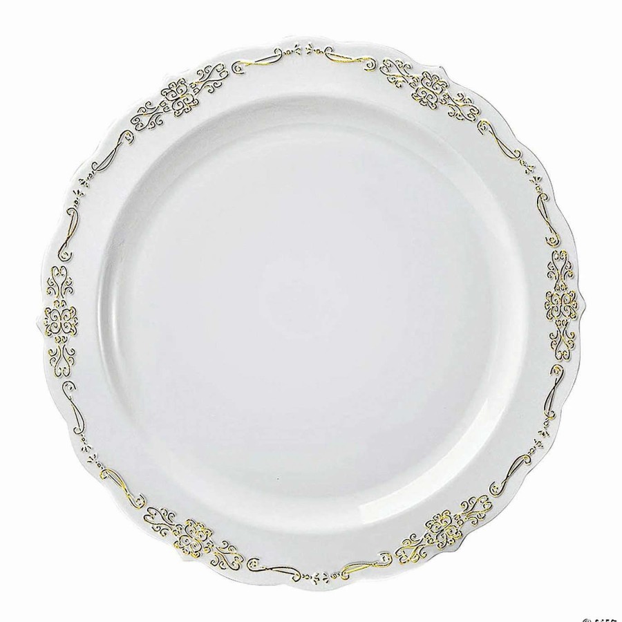 Party Plates * | Best Sale 10 White With Gold Vintage Rim Round Disposable Plastic Dinner Plates (50 Plates)