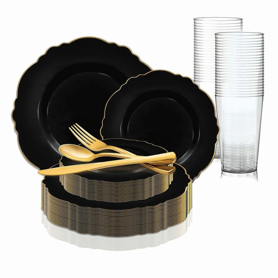 Table Covers * | New Black With Gold Rim Round Blossom Disposable Plastic Dinnerware Value Set (60 Settings)