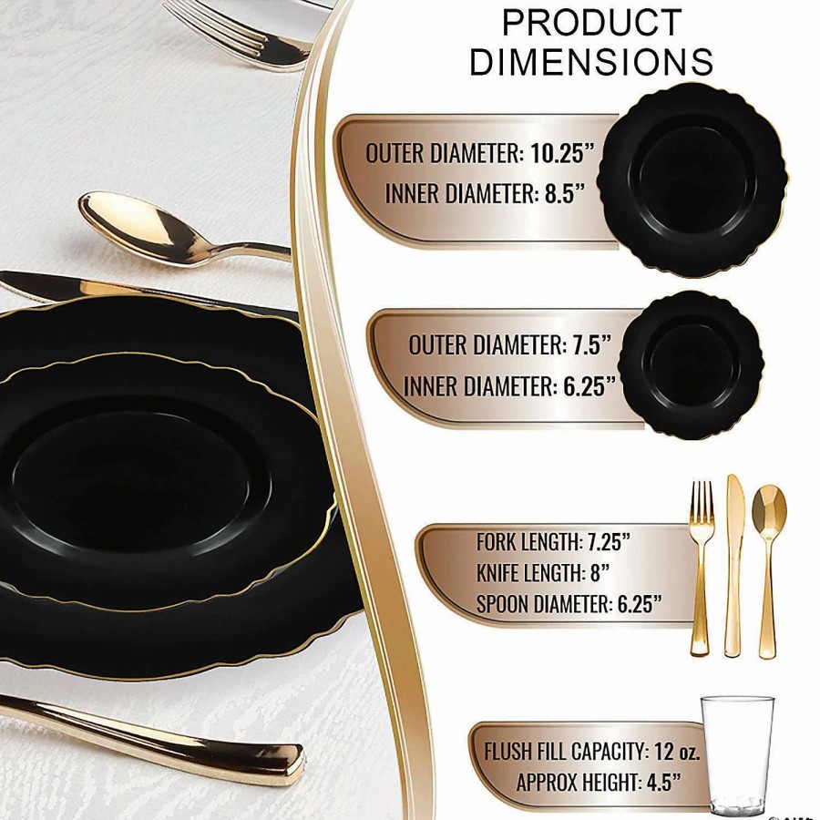 Table Covers * | New Black With Gold Rim Round Blossom Disposable Plastic Dinnerware Value Set (60 Settings)