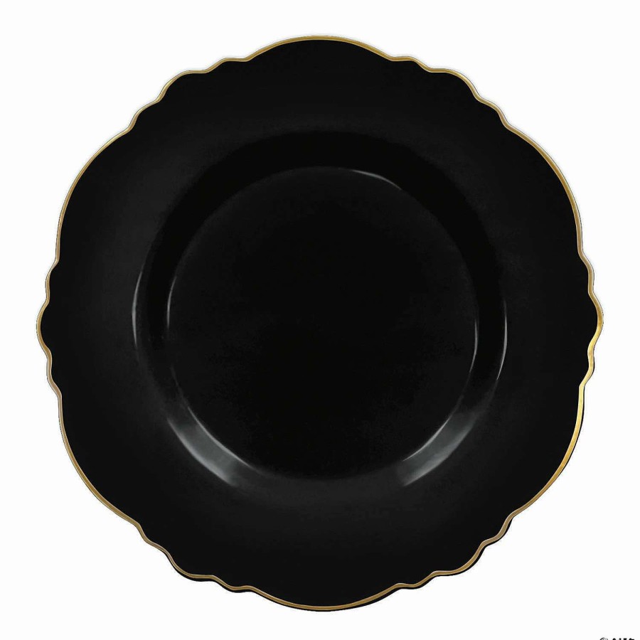 Party Plates * | Top 10 7.5 Black With Gold Rim Round Blossom Disposable Plastic Appetizer/Salad Plates (120 Plates)