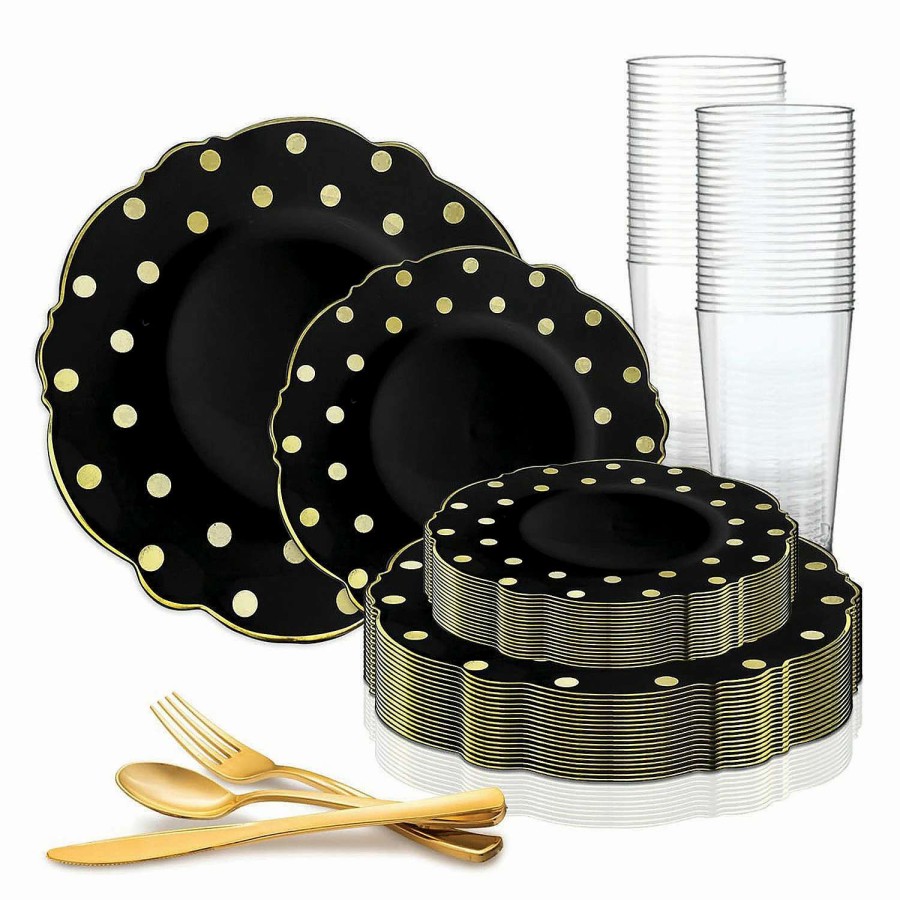 Party Plates * | Flash Sale Black With Gold Dots Round Blossom Disposable Plastic Dinnerware Value Set (60 Settings)