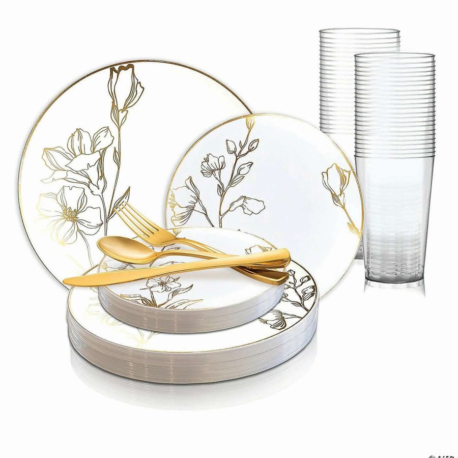 Bowls * | Best Deal White With Gold Antique Floral Round Disposable Plastic Dinnerware Value Set (60 Settings)