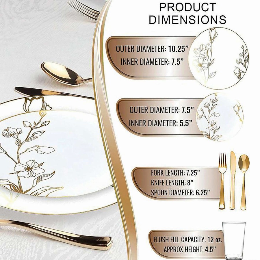 Bowls * | Best Deal White With Gold Antique Floral Round Disposable Plastic Dinnerware Value Set (60 Settings)