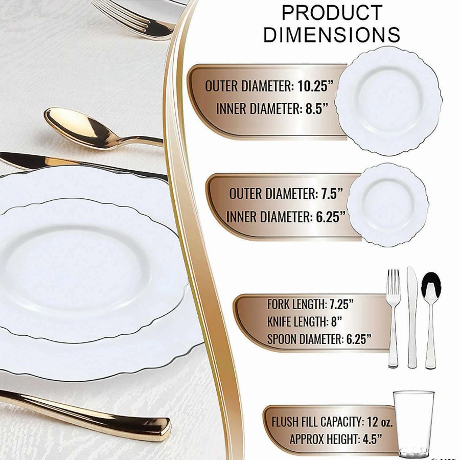 Table Covers * | New White With Silver Rim Round Blossom Disposable Plastic Dinnerware Value Set (120 Settings)