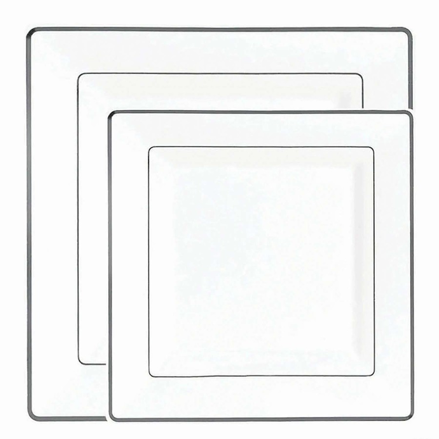 Party Plates * | Promo White With Silver Square Edge Rim Plastic Dinnerware Value Set (120 Dinner Plates + 120 Salad Plates)