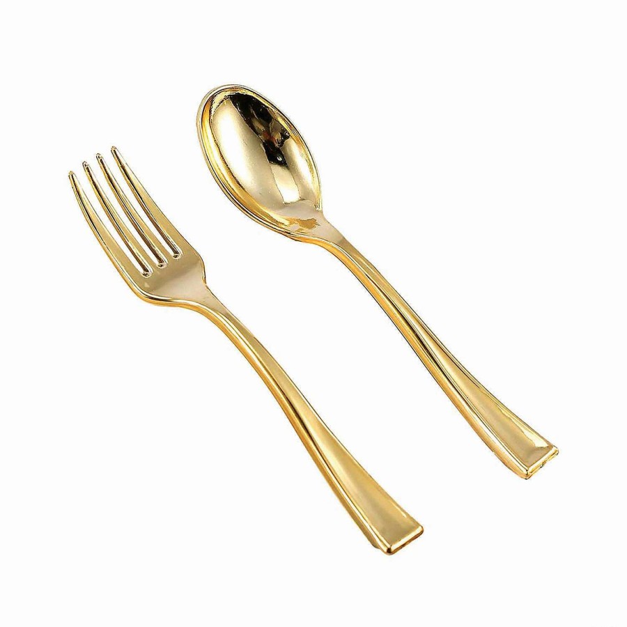 Cutlery * | Deals Gold Disposable Plastic Mini Flatware Set Dessert Spoons And Dessert Forks (600 Guests)