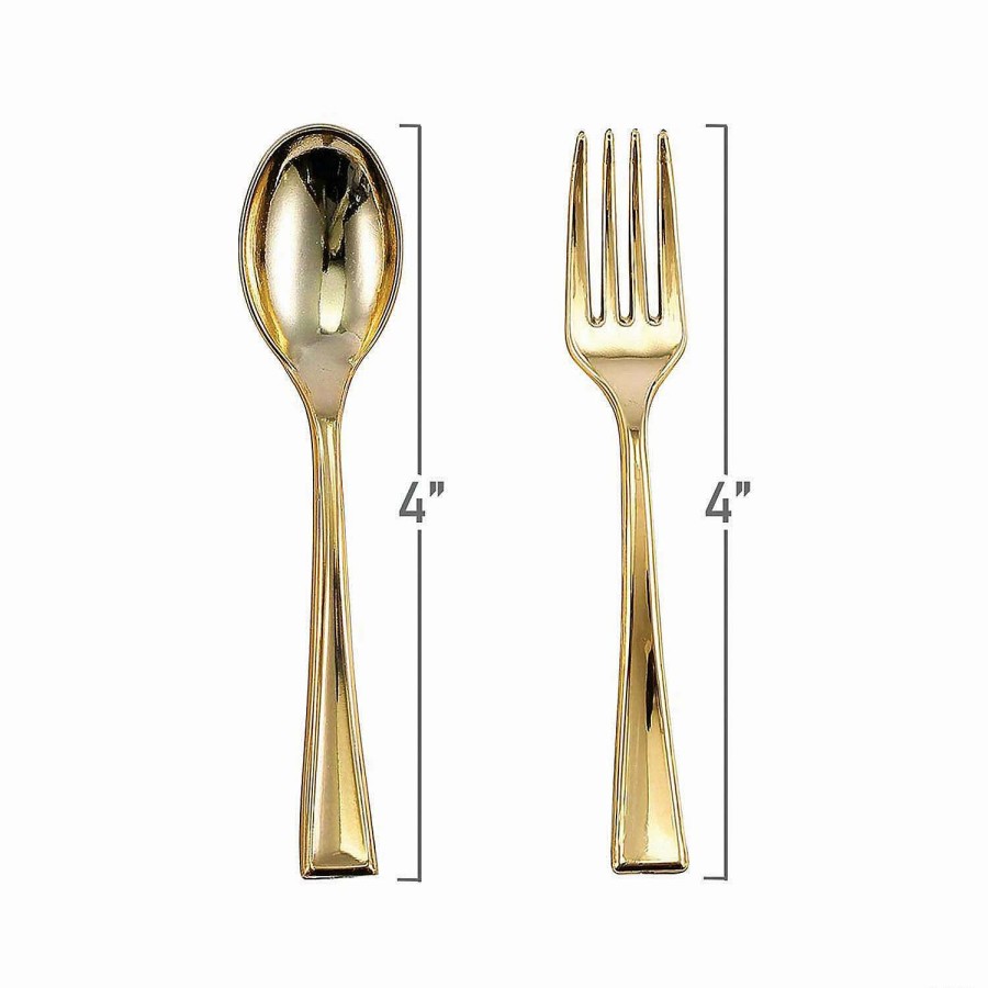 Cutlery * | Deals Gold Disposable Plastic Mini Flatware Set Dessert Spoons And Dessert Forks (600 Guests)