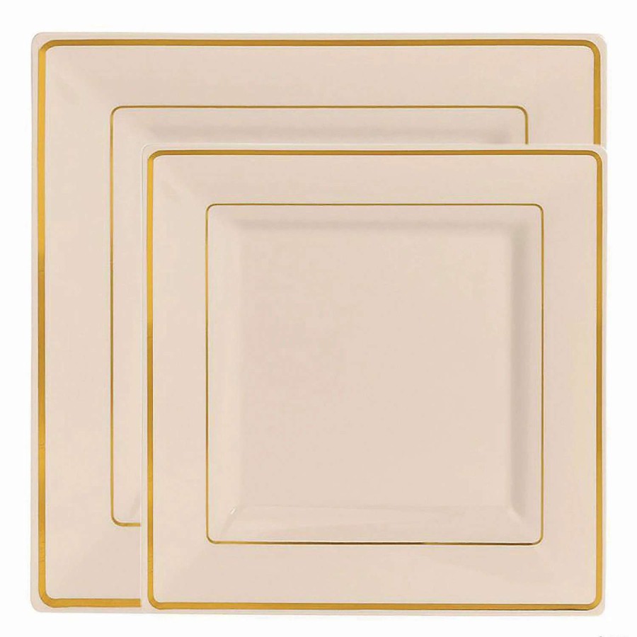 Party Plates * | Best Reviews Of Ivory With Gold Square Edge Rim Plastic Dinnerware Value Set (40 Dinner Plates + 40 Salad Plates)