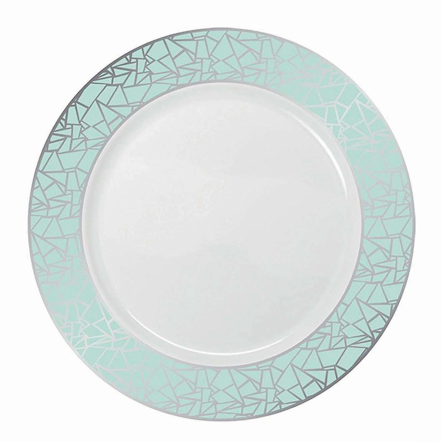 Party Plates * | Wholesale 7.5 White With Turquoise Blue And Silver Mosaic Rim Round Plastic Appetizer/Salad Plates (90 Plates)