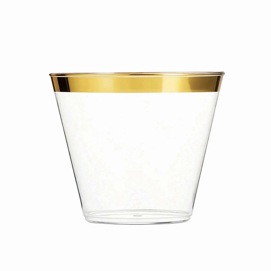 Drinkware * | Budget 9 Oz. Clear With Metallic Gold Rim Round Disposable Plastic Cups (140 Cups)