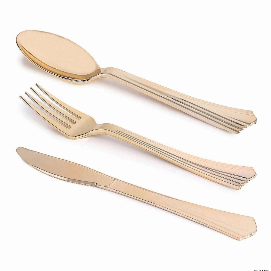 Cutlery * | Hot Sale Shiny Metallic Gold Groove Plastic Cutlery Set Spoons, Forks And Knives (72 Guests)