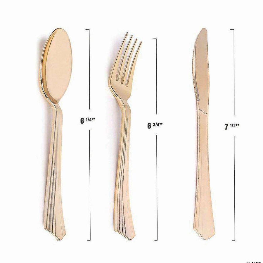 Cutlery * | Hot Sale Shiny Metallic Gold Groove Plastic Cutlery Set Spoons, Forks And Knives (72 Guests)