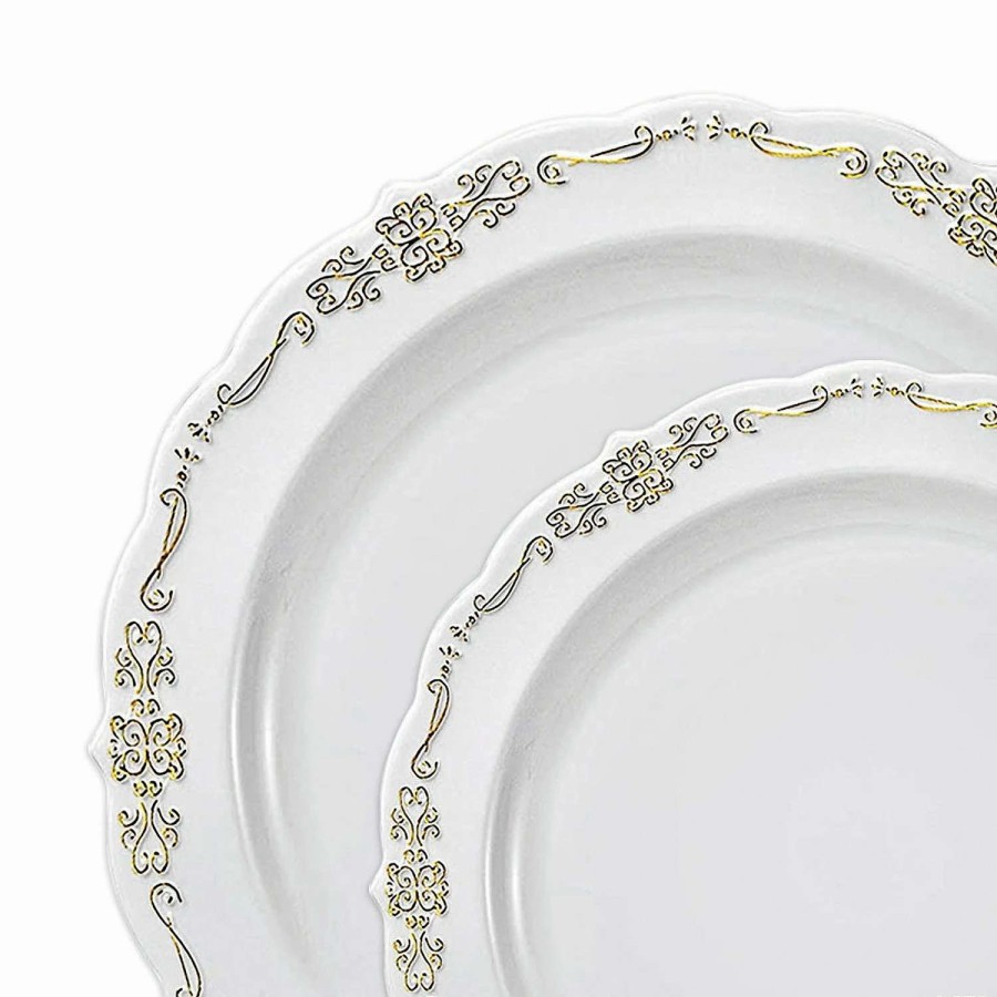 Party Plates * | Coupon White With Gold Vintage Rim Round Disposable Plastic Dinnerware Value Set (40 Dinner Plates + 40 Salad Plates)