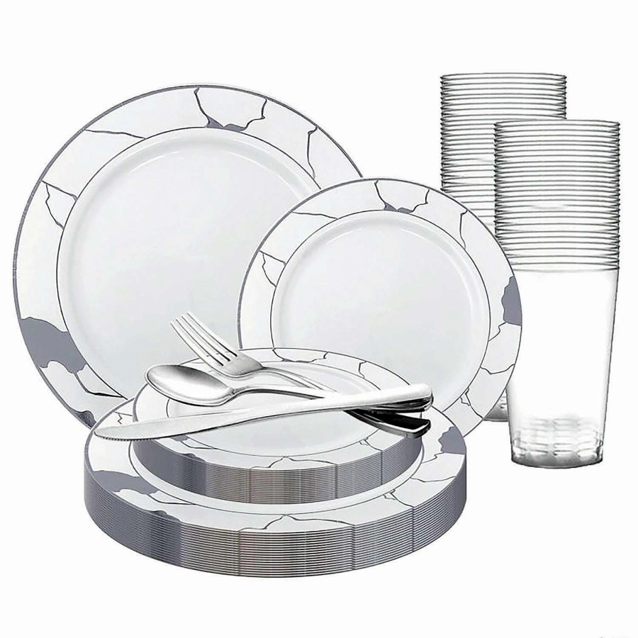 Bowls * | Buy White With Silver Marble Disposable Plastic Dinnerware Value Set (20 Settings)