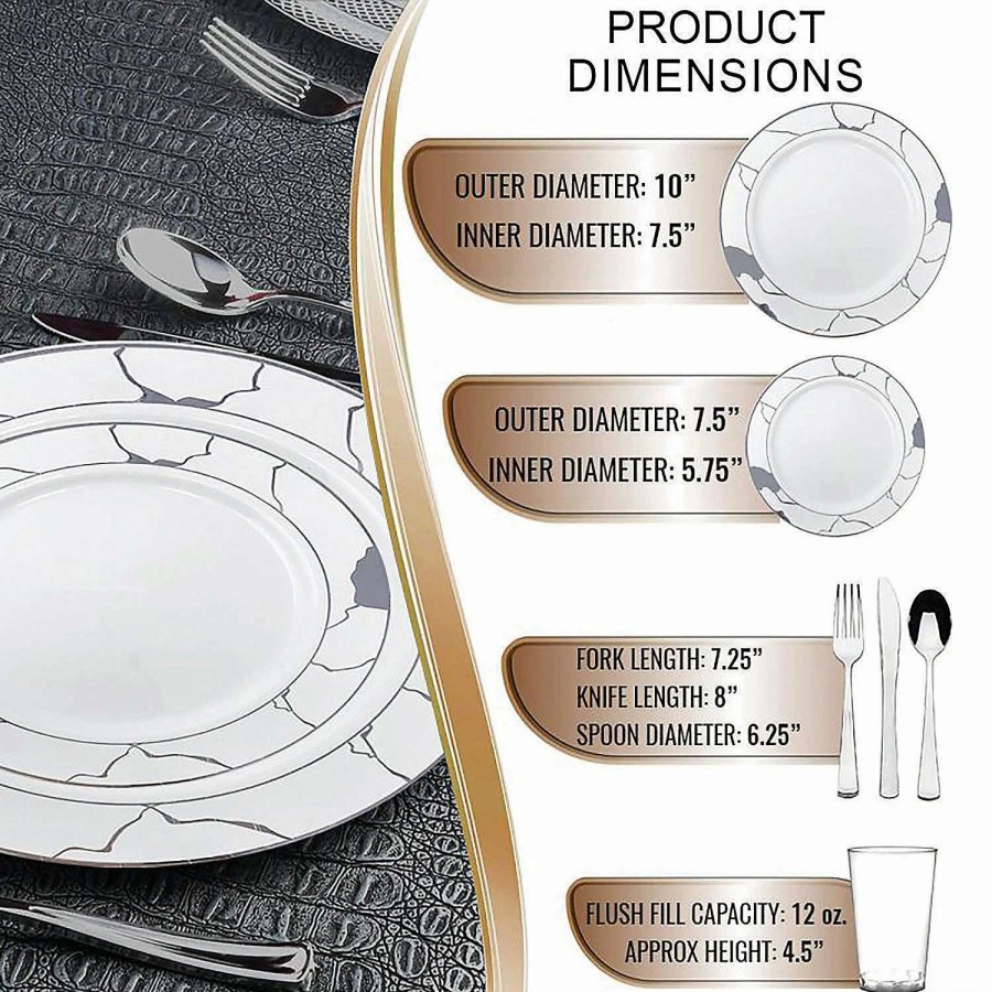 Bowls * | Buy White With Silver Marble Disposable Plastic Dinnerware Value Set (20 Settings)