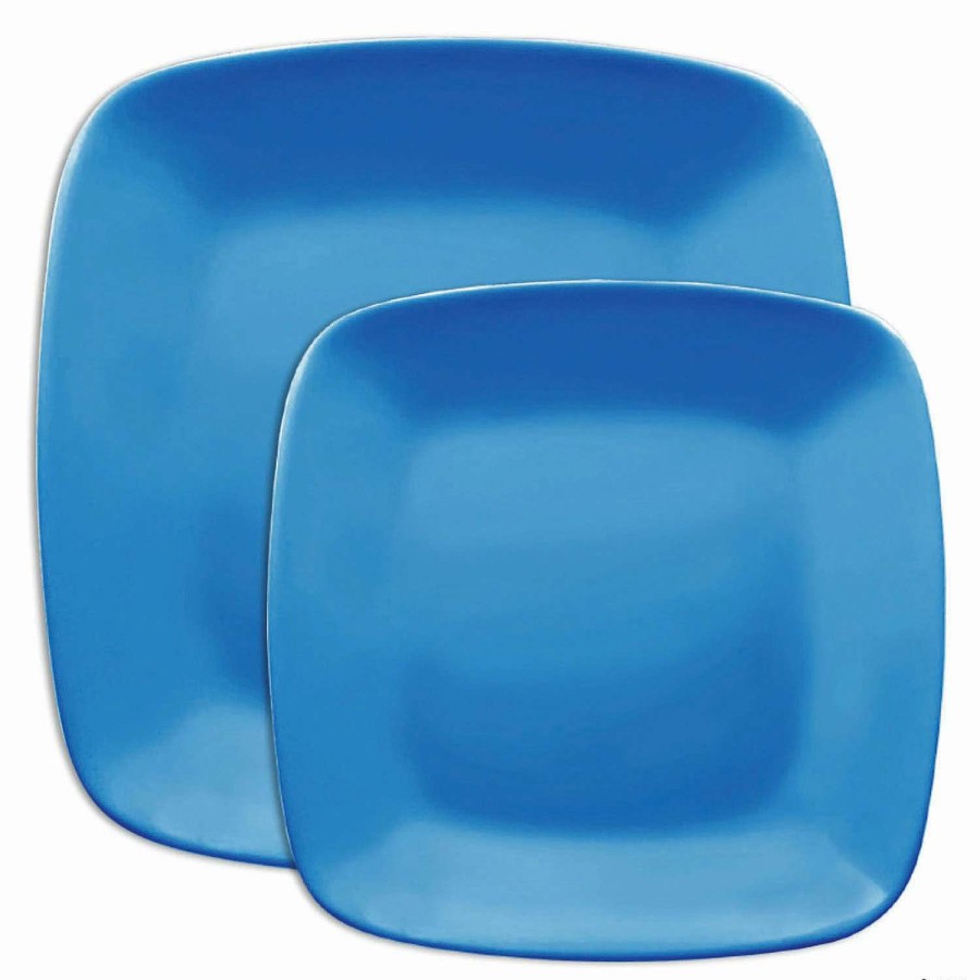 Party Plates * | Buy Blue Flat Rounded Square Disposable Plastic Dinnerware Value Set (40 Dinner Plates + 40 Salad Plates)