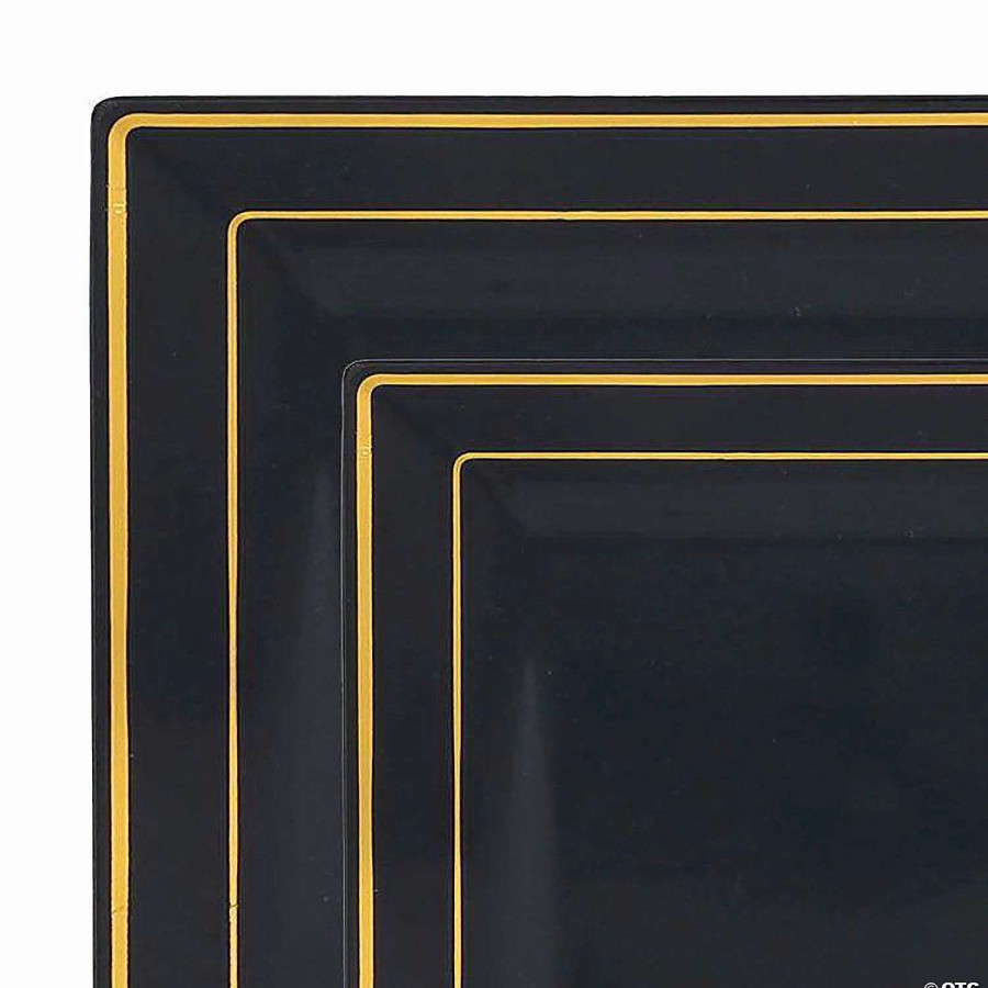 Party Plates * | Flash Sale Black With Gold Square Edge Rim Plastic Dinnerware Value Set (120 Dinner Plates + 120 Salad Plates)