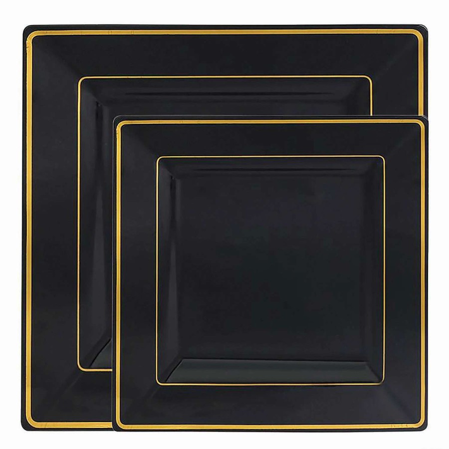 Party Plates * | Flash Sale Black With Gold Square Edge Rim Plastic Dinnerware Value Set (120 Dinner Plates + 120 Salad Plates)