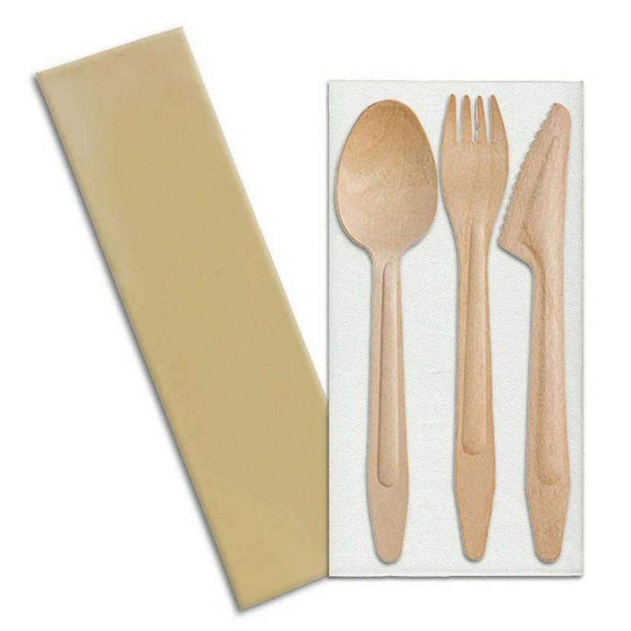 Cutlery * | Discount Kaya Collection Natural Birch Wood Eco-Friendly Disposable Cutlery Set Spoons, Forks, Knives, And Napkins (100 Guests)