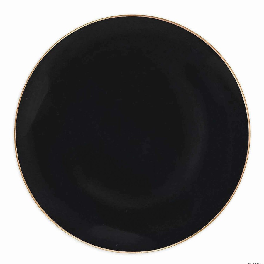 Party Plates * | Best Deal Premium 10.25 Black With Gold Rim Organic Round Disposable Plastic Dinner Plates (120 Plates)