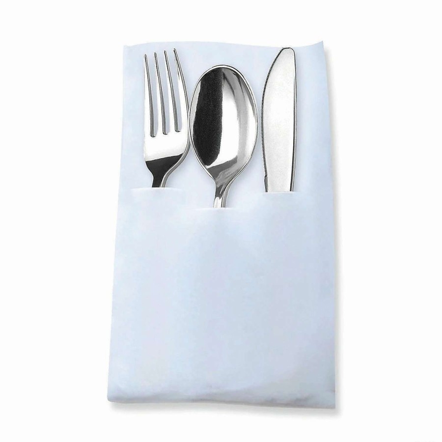 Cutlery * | Cheap Premium Silver Plastic Cutlery In White Pocket Napkin Set Napkins, Forks, Knives, And Spoons (70 Sets)