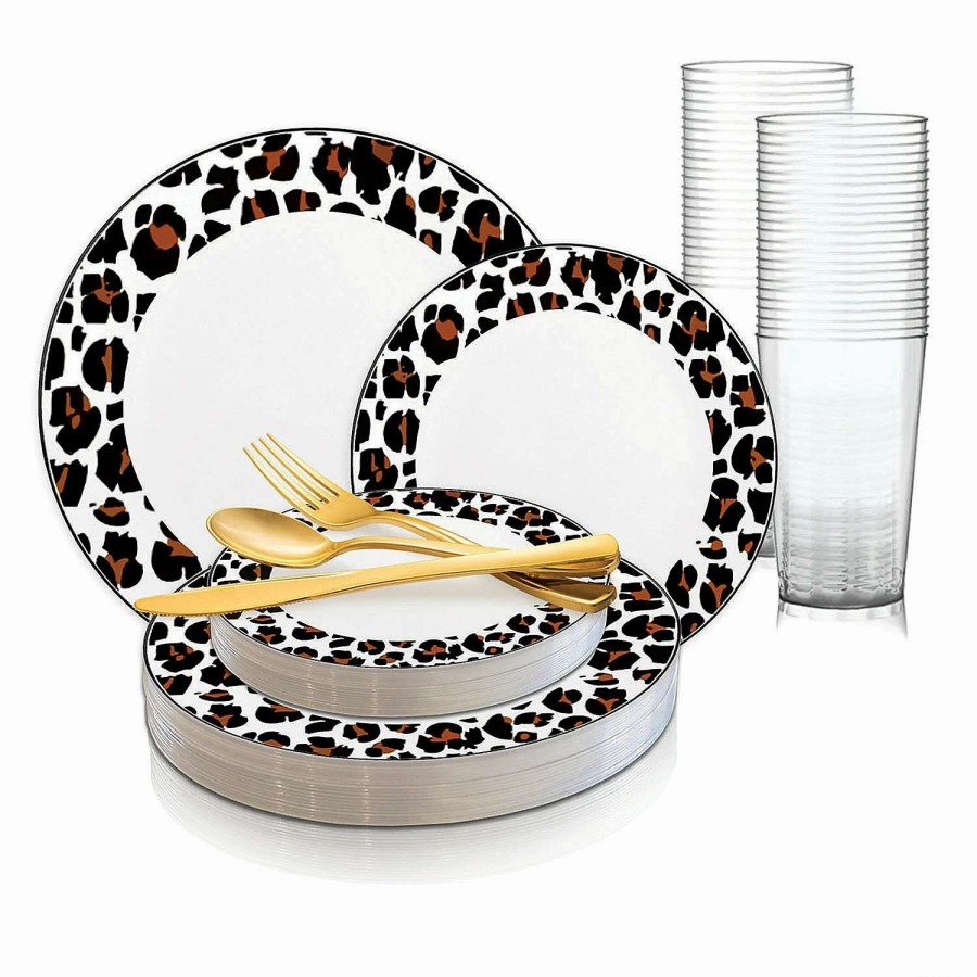 Party Plates * | Wholesale White With Black And Brown Leopard Print Rim Round Disposable Plastic Dinnerware Value Set (120 Settings)