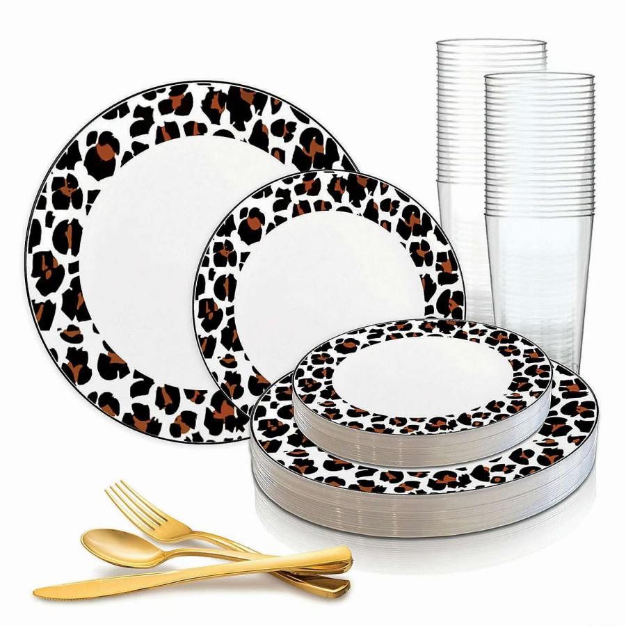 Party Plates * | Wholesale White With Black And Brown Leopard Print Rim Round Disposable Plastic Dinnerware Value Set (120 Settings)