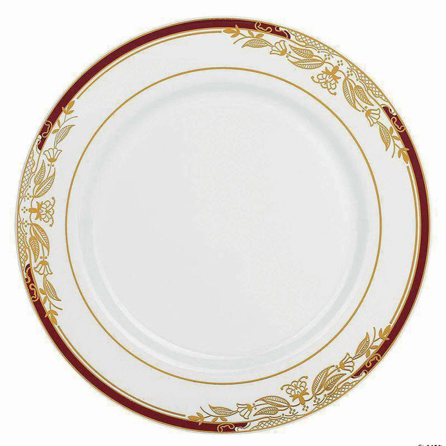 Party Plates * | Budget Kaya Collection 7.5 White With Burgundy And Gold Harmony Rim Plastic Appetizer/Salad Plates (120 Plates)