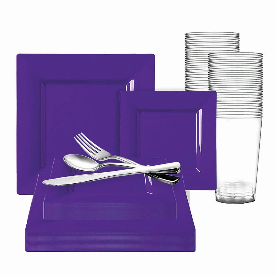 Party Plates * | Flash Sale Grape Purple Square Disposable Plastic Dinnerware Value Set (60 Settings)