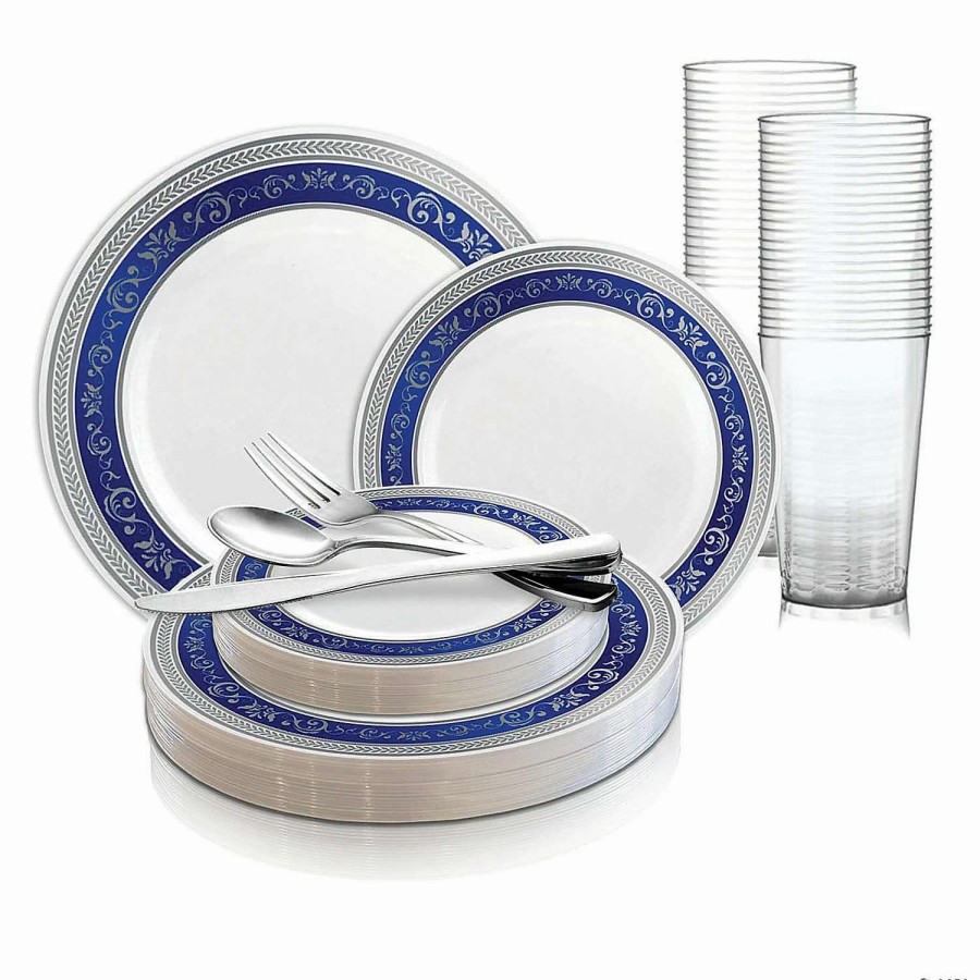 Bowls * | Best Pirce White With Blue And Silver Royal Rim Plastic Dinnerware Value Set (20 Settings)